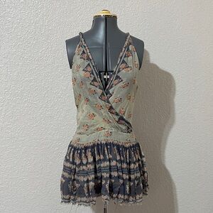 Free People Floral Wrap Blouse - Green and Black